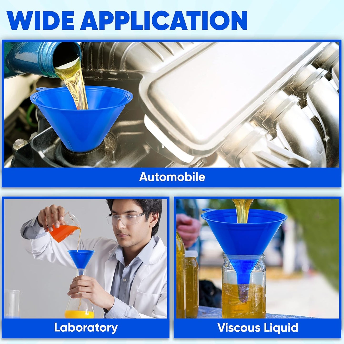 Funnel 4-Pack Funnels for Kitchen Use Filling Bottles - Food-Grade Plastic, Funnels for Automotive Use, Mess-Free Filling, funnels for Filling Bottles, Sizes (122, 101, 76 & 50mm)