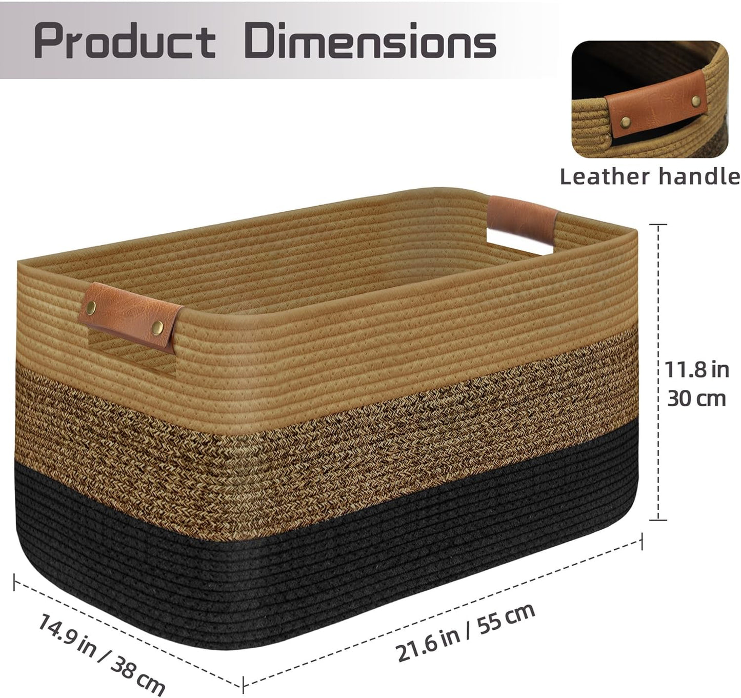 Large Collapsible Laundry Basket, Clothes Hamper for Blanket, Toy, Towels, Woven Baskets for Storage, Nursery Home Decor Living room 21.6" x 15" x 11.8" Black