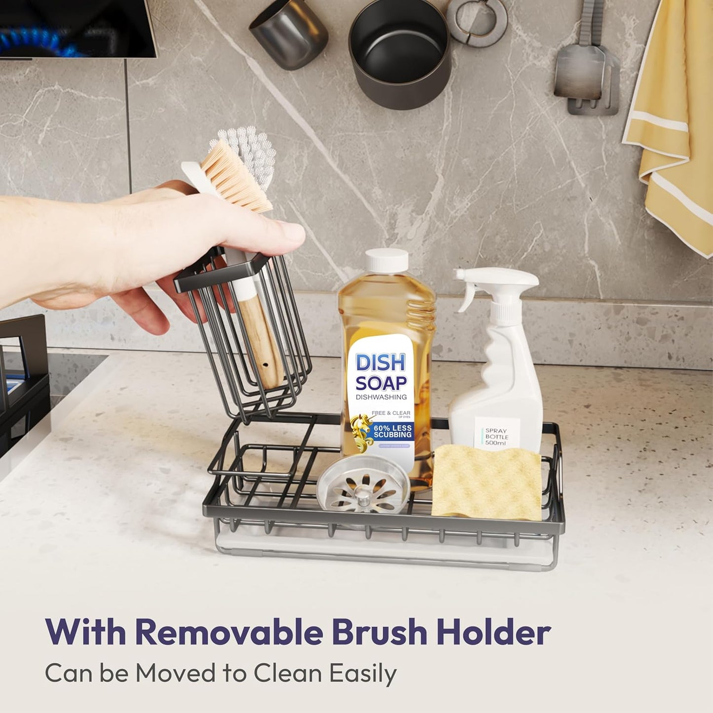 SWTYMIKI Large Sink Caddy Kitchen Sink Organizer with Detachable Brush Holder, Stainless Steel Sponge Holder with Removable Drip Tray Sponge Caddy for Kitchen Countertop, Black