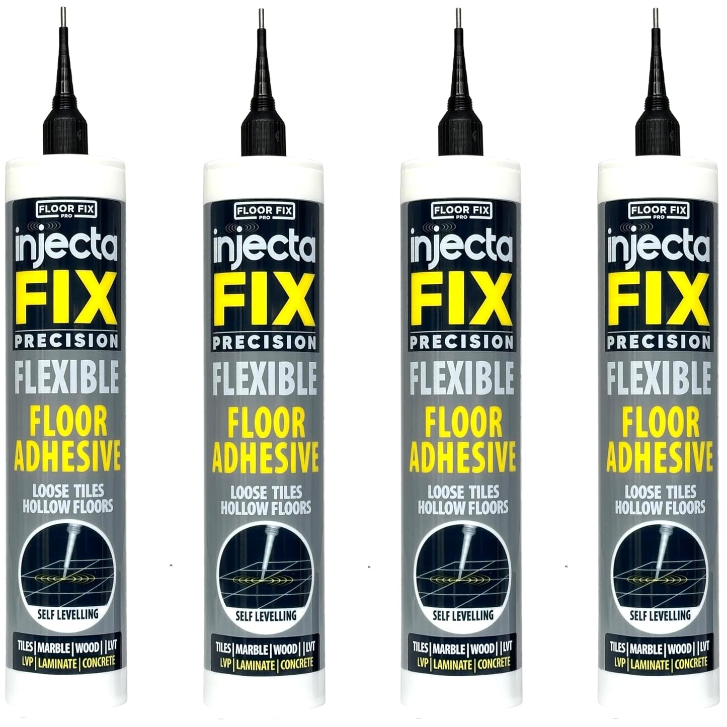 Precision 300ml from Floor-Fix Pro - Fix Loose Tiles - for Loose & Hollow Tiles, Wood, LVT & Laminate - Includes 1.9mm Syringe Tip - Adjustable to 6mm + Anti-Clog Performance (Pack of 4)