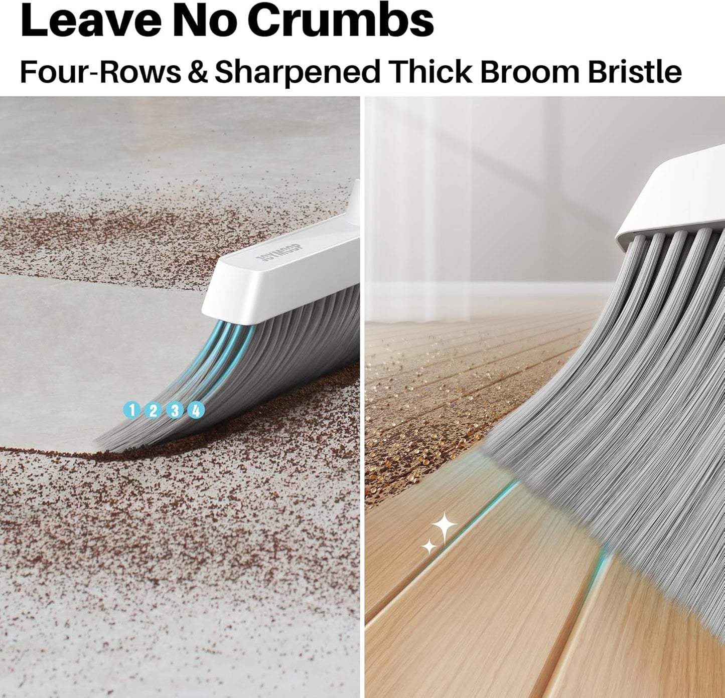 JOYMOOP White Broom and Dustpan Set, Upright Angle Design with Built-in Comb Teeth for Kitchen, Office, Pet Hair, Hard Floors