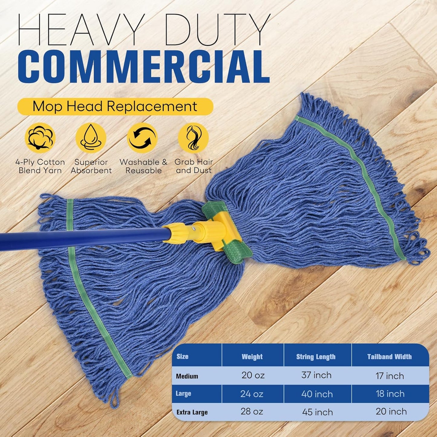 Matthew Cleaning Commercial Mop Head Replacement, 5 Inch Wide Headband, Looped End Cotton Blend String Wet Mops for Floor Cleaning, 28 oz Extra Large, 6-Pack Blue