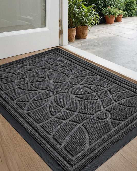 DEXI Front Door Mat Outside Entrance, Heavy Duty Non Slip Low Profile Doormat for Entryway, Trap Dirt and Moisture Welcome Mats, Easy Clean, Patio, Garage, 17x29, Grey
