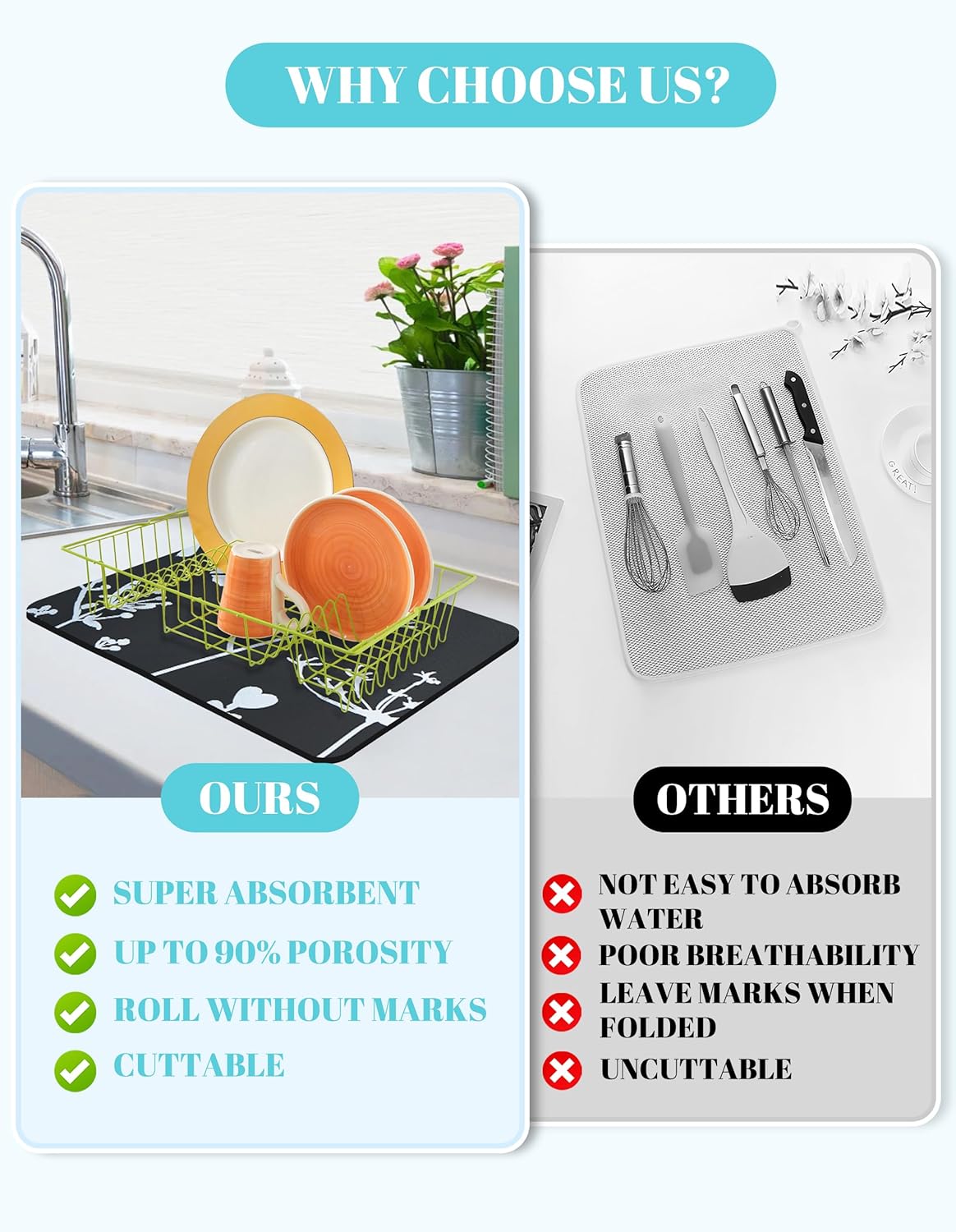 Dish Drying Mat for Kitchen Counter, 12"x19"Dish Drying Pad with Non-slip Rubber Backed, Hide Stain Anti Absorbent for Kitchen Counter, Drying Mat for Coffee Machine Dish Rack (Gray Daisy)