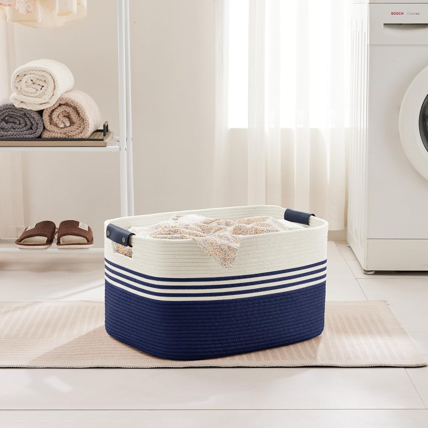 60L Large Laundry Basket with Leather Handles for Living Room Storage, Woven Rope Baskets Bin for Blanket, Kids Toy, Gifts, Wicker Hamper for Bedroom Dirty Clothes, 21"x15"x11" White Navy