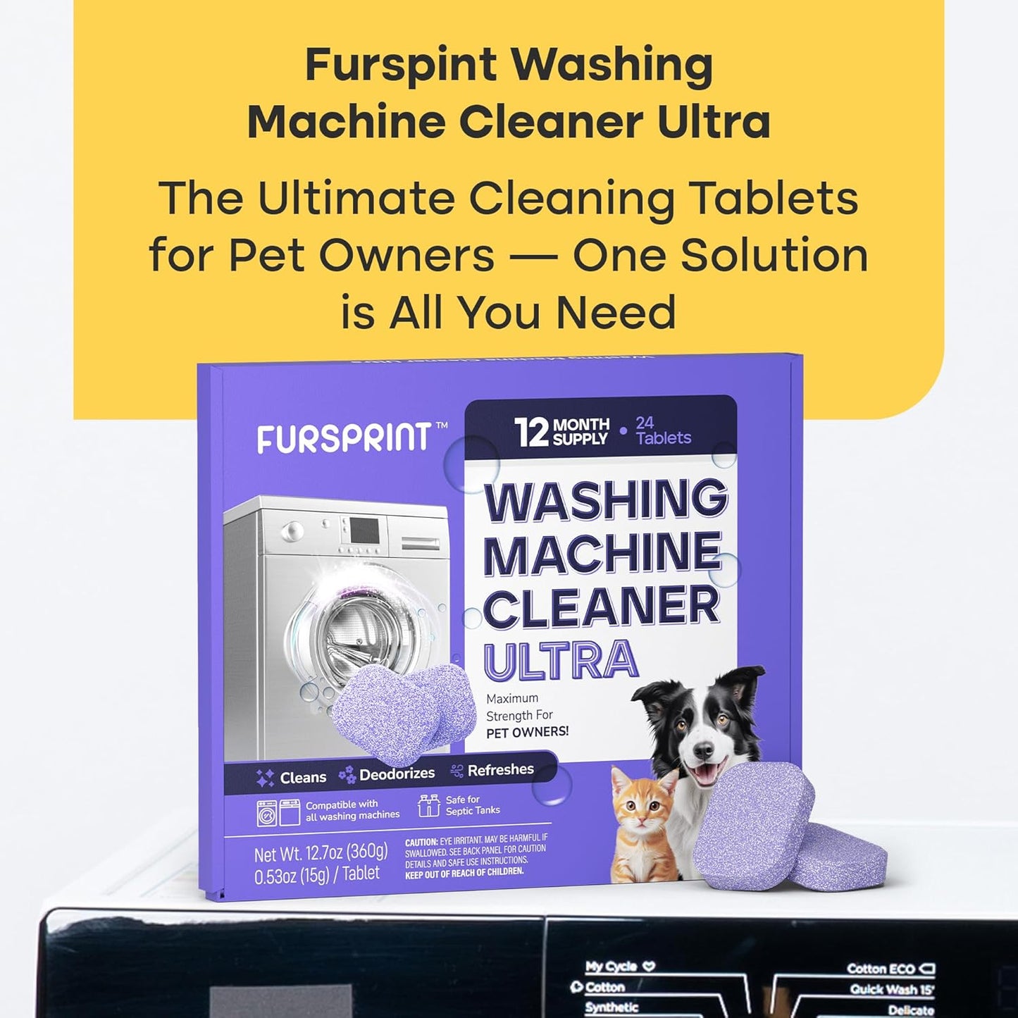 Washing Machine Cleaner Tablets Ultra – 40% Stronger Formula: Designed for Pet Owners, Removes Residue, Grime & Odors, Compatible with HE, Top & Front Load, 24 Pack – 12 Month Supply