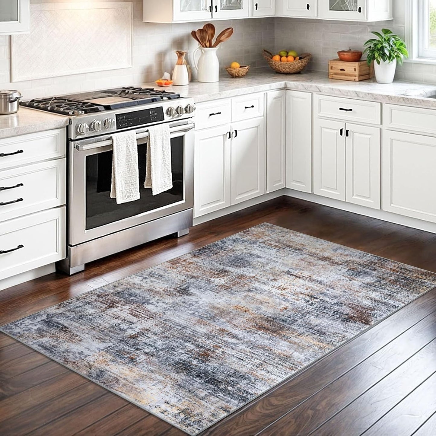 IOHOUZE Abstract Area Rug 3x5 Ft Washable Rugs for Entryway Indoor, Non Slip Kitchen Rug Printed Faux Wool Throw Rugs, Indoor Door Mat for Door Entrance Foyer Living Room, Orange Grey