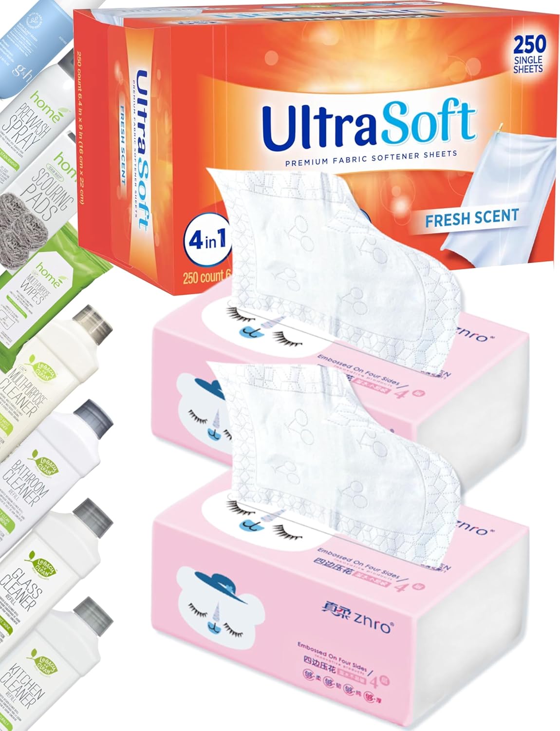 200 Single Laundry Dryer Sheets(6.4"x9")w/ Easy Dispenser Box Packaging,Household Premium 4 in 1 Fabric Softener Fresh Scent,Drive Clothes Ultra Soft,Plus 200 Pulls ZNRO 4-Ply 6.1"x6.9" Facial Tissues