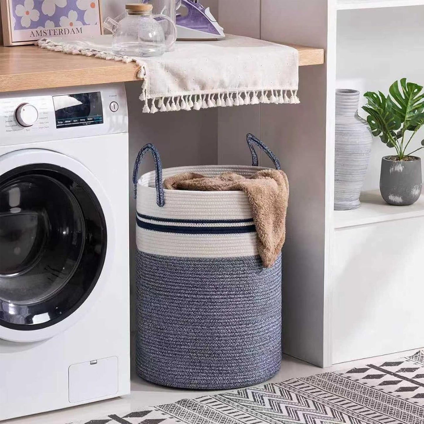 Woven Laundry Basket Hamper,60L Versatile Storage for Blankets,Toys and Clothes,Decorative and Storage for Living Room,Bathroom and Bedroom and Baby Nursery（Large-Blue）