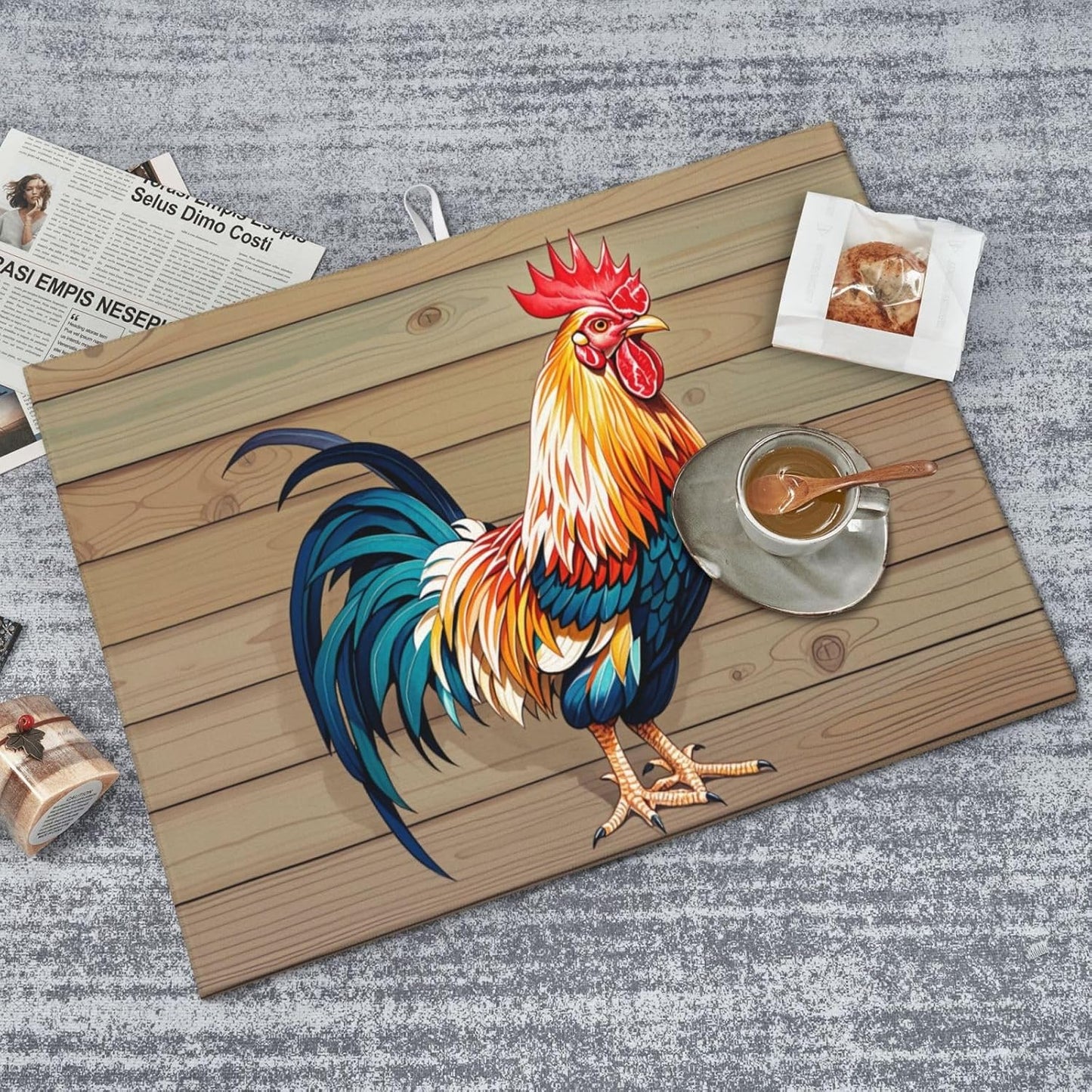 Rooster Dish Drying Mat Highly Absorbent Double-Sided Microfiber with Hanging Loop Reversible Drain Dish Rack Mat Drain Mat Suitable for Kitchen Countertop Coffee Bar 18 x 24 Inch