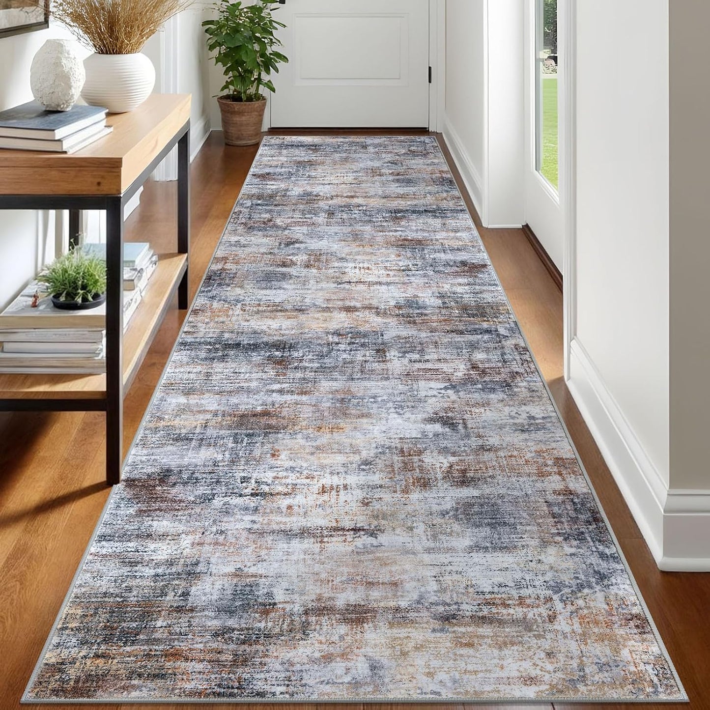 IOHOUZE Abstract Runner Rug 3x12 Ft Washable Runners for Hallways, Non Slip Kitchen Runner Printed Faux Wool Entryway Runner Indoor, Modern Abstract Floor Carpet for Hall Kitchen, Orange Grey
