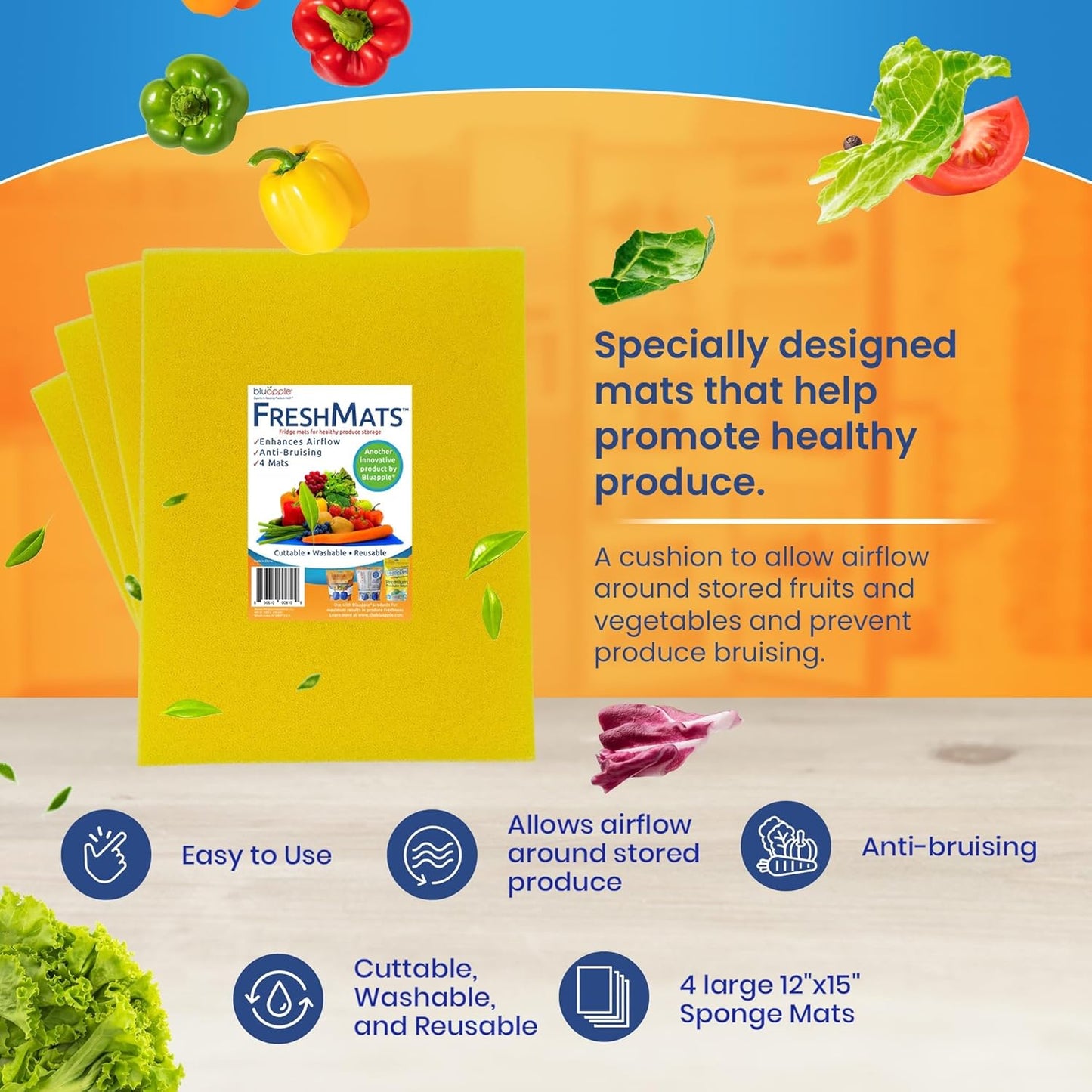 Bluapple FreshMats, Refrigerator Bin Liner, Fridge Drawer Mats, Crisper Life Extender Liner Keeps Produce Fresh Longer, Anti-Bruising, for Air Circulation, Washable & Reusable (4-Mats, 12x15, Yellow)