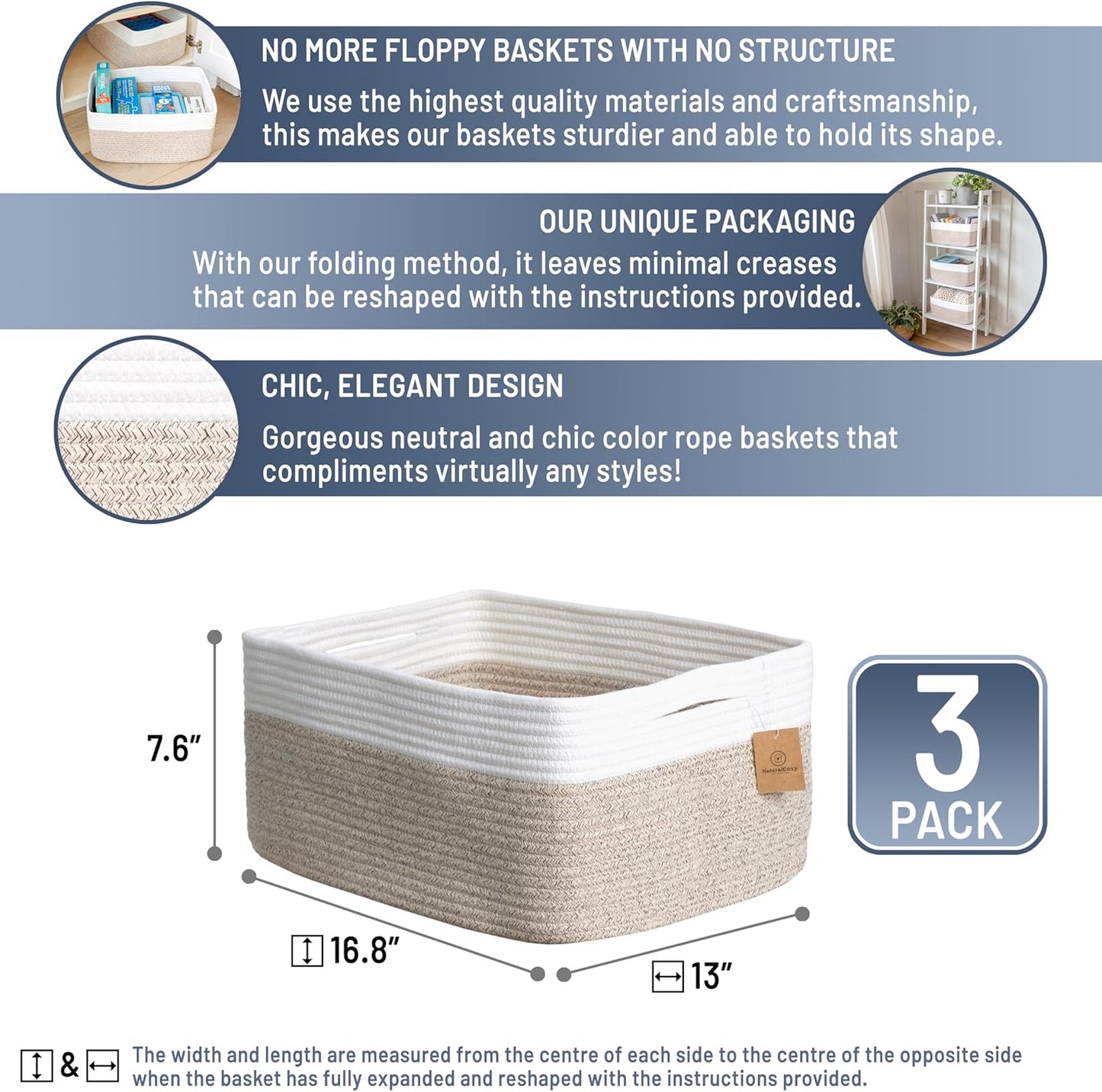 NaturalCozy Storage Baskets 16.8”x13”x7.6” Cotton Rope Woven Baskets for Organizing 3-Pack | Toy Storage Bins | Basket for Shelves, Laundry, Blanket, Clothes, Closet, Kitchen, Bathroom, Gifts