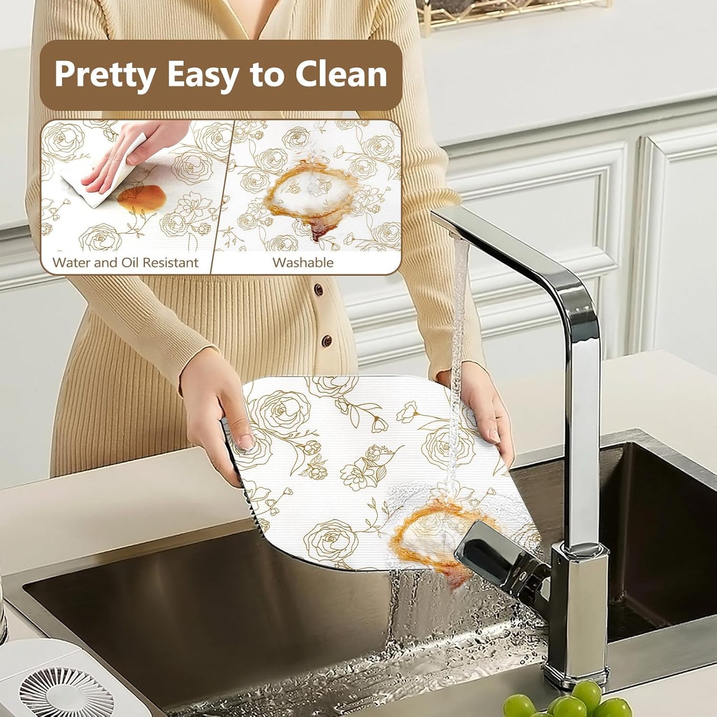 Shelf Cabinet Liner for Kitchen- Non Adhesive Drawer Liner Refrigerator Liner, Premium Waterproof Shelf Paper Protect Surface, Non Slip Easy to Clean Durable EVA Material, Gold Roses, 18 in x 30FT