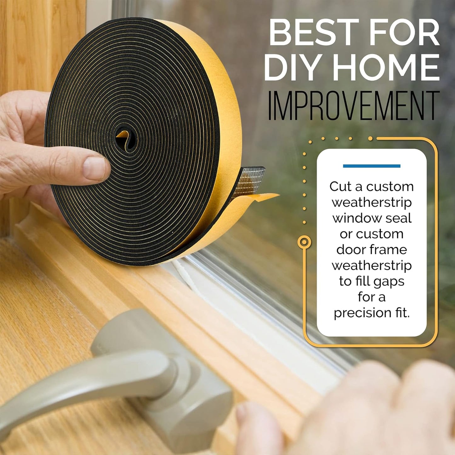 High Density Foam Weather Stripping Door Seal Strip Insulation Tape Roll for Insulating Door Frame, Window, Air Conditioner | Self Adhesive Sealing Weatherstrip (Black, 1/4 in 1/8 in 50 Ft)