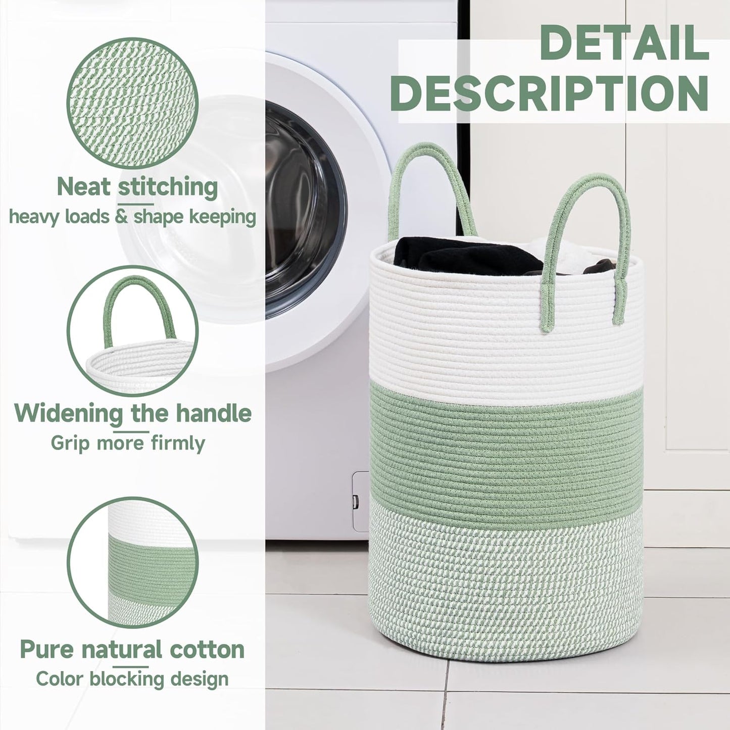 CLHMILY&Z 40L Laundry Basket Round Storage Rope Basket - 13x18 Inches - Green Hamper in Bedreoom and Cute Storage Bin for Blankets, Toys, and Nursery Essentials