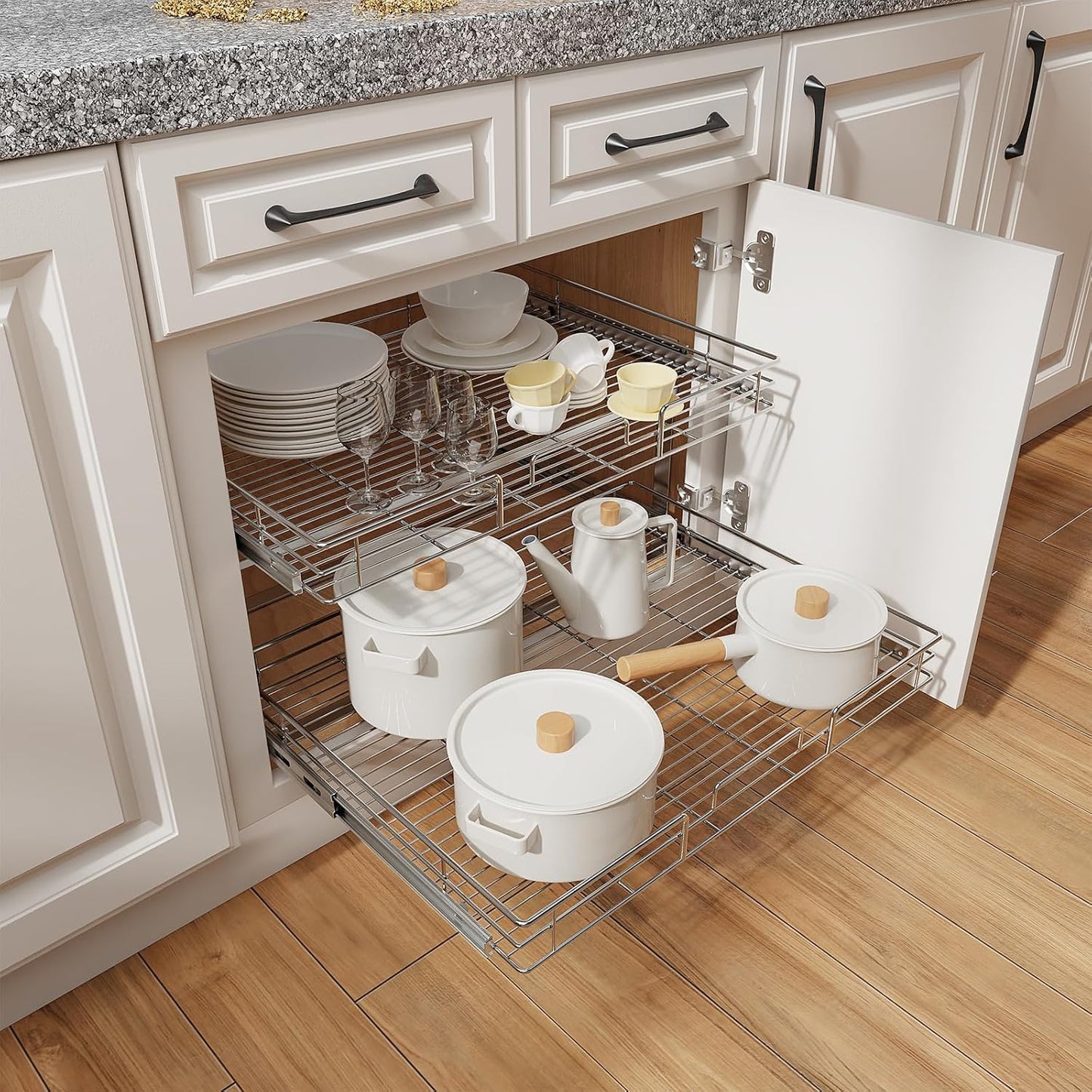 ROOMTEC Individual Pull Out Cabinet Organizer (28½" W x 21½" D), 2 Tier Spice Rack Organizer for Cabinet, Slide Out Drawer Pantry Shelf Organization and Storage for Kitchen Bathroom