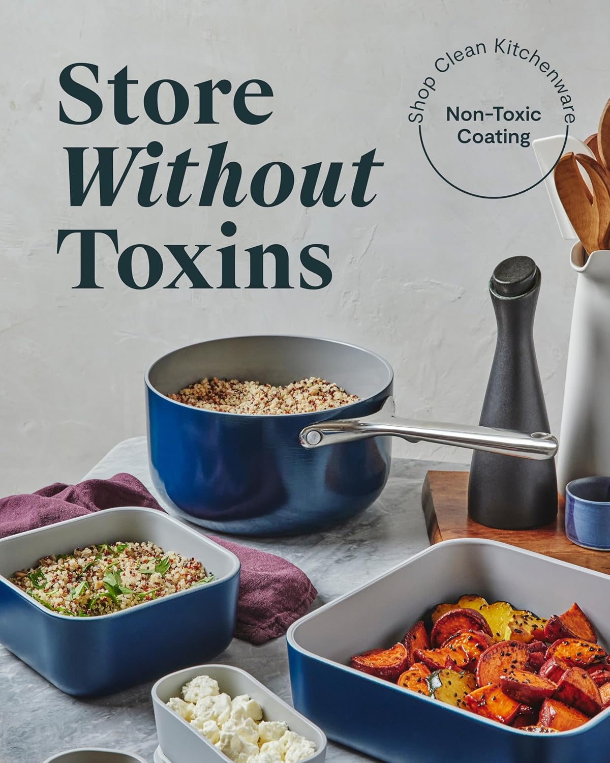 Caraway 6pc Glass Food Storage Set – 10 Cup Food Containers (6) - Ceramic Coated - Non Toxic, Non Stick with Lids - Microwave Safe - Cream