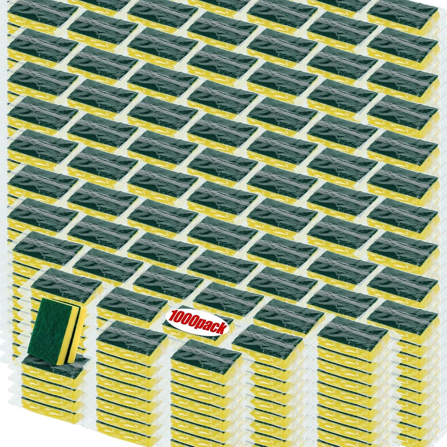 Tanlade 1000 Pcs Individually Wrapped Sponge Dishwashing Sponge Bulk Non Scratch Scrub Sponges Kitchen Scouring Pad for Household Cleaning Rental Dishes Hotel Apartment Car (Yellow,Green)