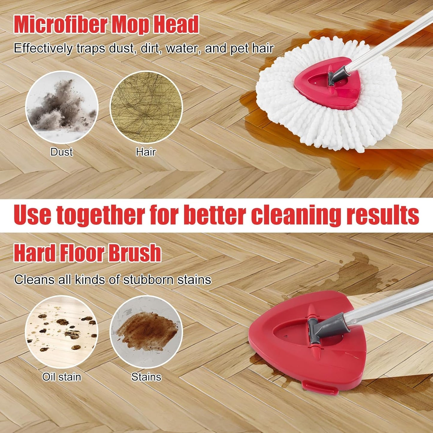 Spin Mop Replacement Handle, 2 Pack Mop Head&Base Scrub Brush 4-Section 30-to-58 inch Mop Replacement Stick Compatible with Ocedar Mop Handle for Easy Wring Mop Refills