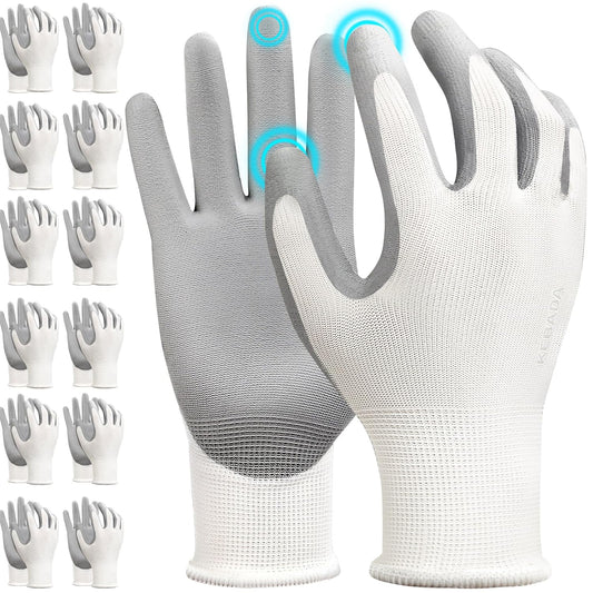 Kebada W1 Work Gloves for Men and Women, 12 Pairs Touchscreen Safety Gloves with Grip, PU-Coated, Ideal for Light & Medium Duty Tasks, White, Medium