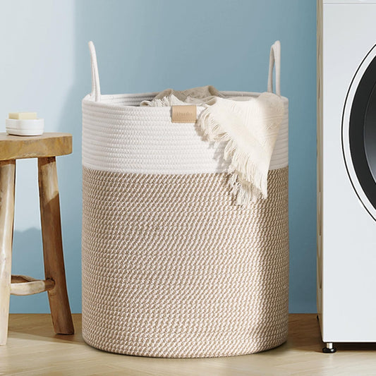 Laundry Hamper 62L,Large Laundry Basket for Clothes,Decorative Storage Basket for Blankets,Cotton Rope Woven basket for bedroom,Brown White
