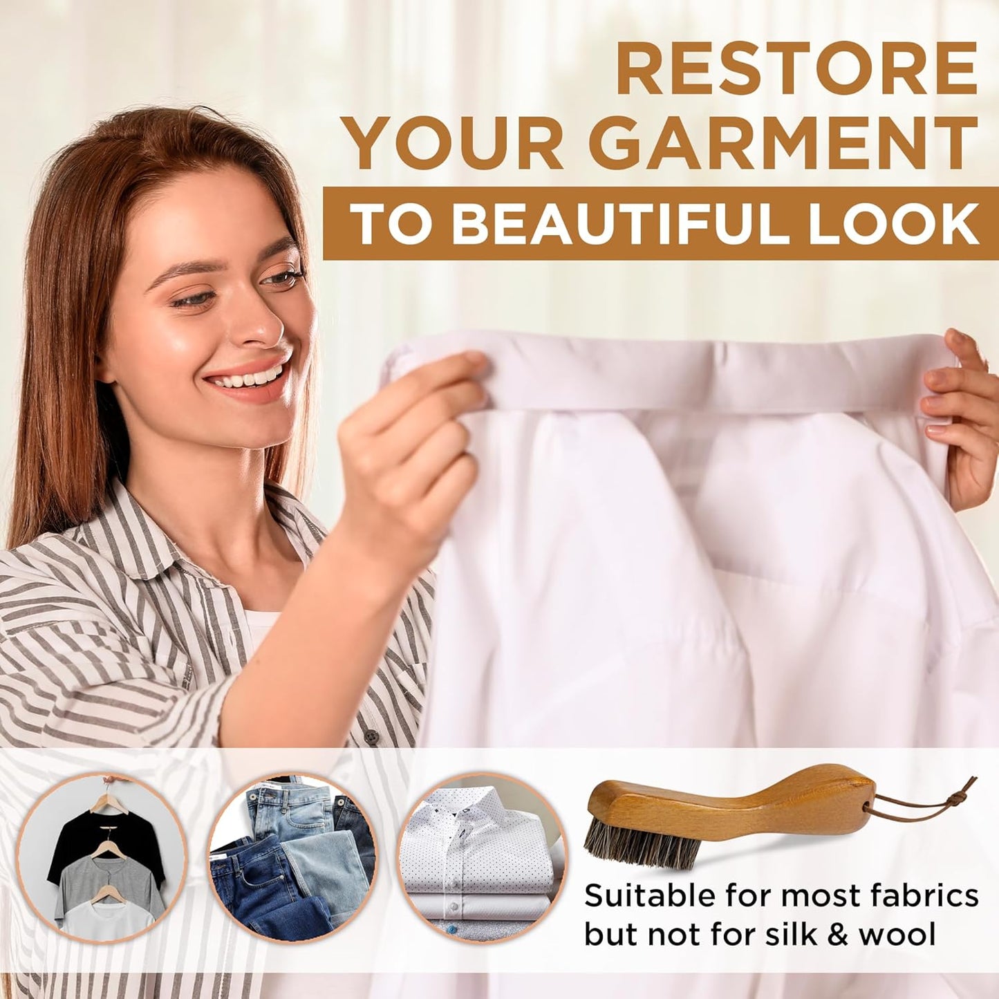 TAKAVU Laundry Stain Brush Set of 2 – Clothes Cleaning Brushes with Horsehair & Wooden Handle – Gentle Fabric Care Brush for Stain Removal, Shoes, Boots & Delicate Garments