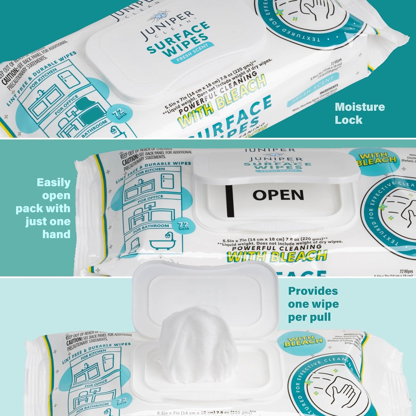 1 Pack Surface Wipes with Bleach, All-Purpose Cleaner for Bathroom, Kitchen, Office, 72 Count Soft Flow, Fresh Scent, Lint Free & Durable