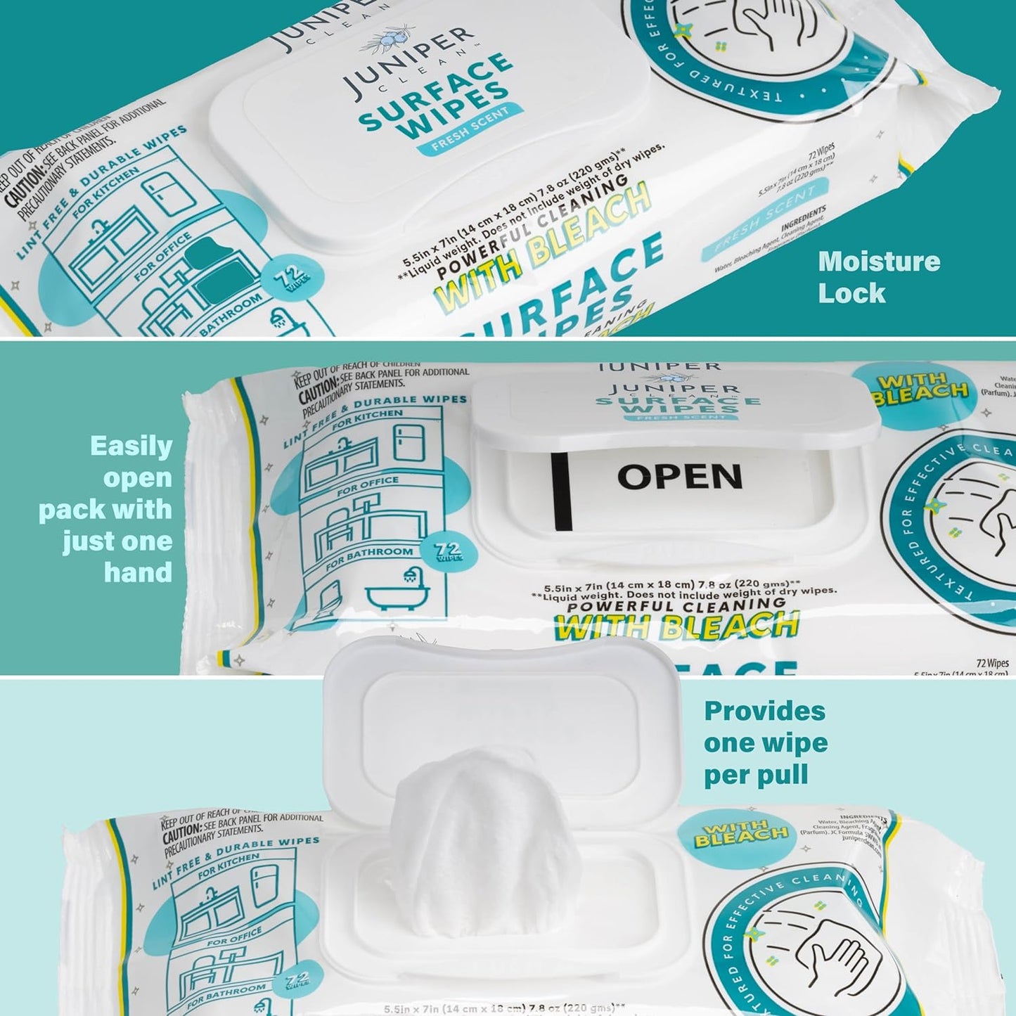 24 Pack Surface Cleaning Wipes with Bleach, All-Purpose Cleaner for Bathroom, Kitchen, Office, 1728 Count Soft Flow, Fresh Scent, Lint Free & Durable