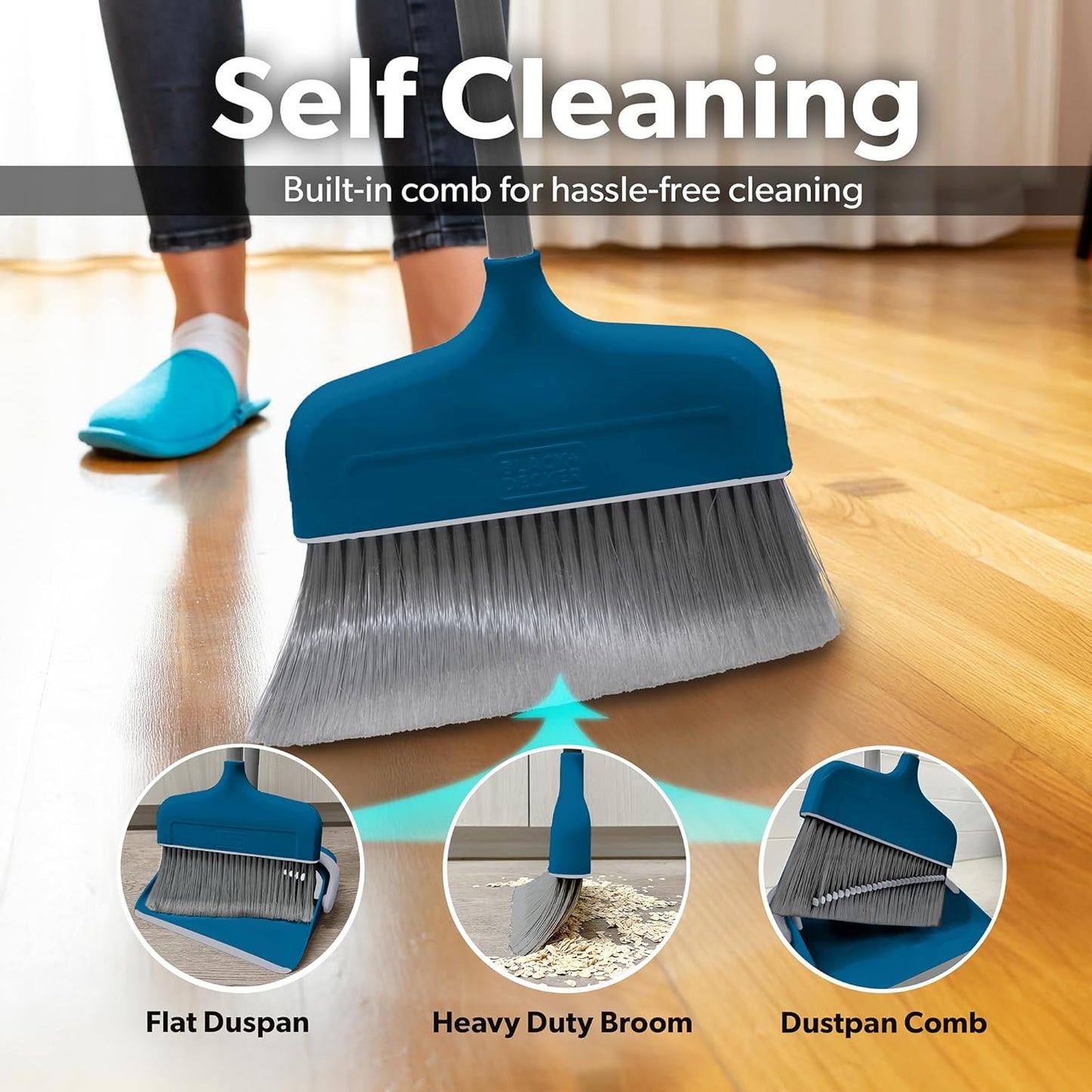 BLACK+DECKER Butler Broom & Dustpan Set - Stand-Up Design - Lightweight, Space-Saving Combo for Kitchen, Living Room, Bathroom, Lobby Floors - Home Cleaning Essential, Ocean Blue