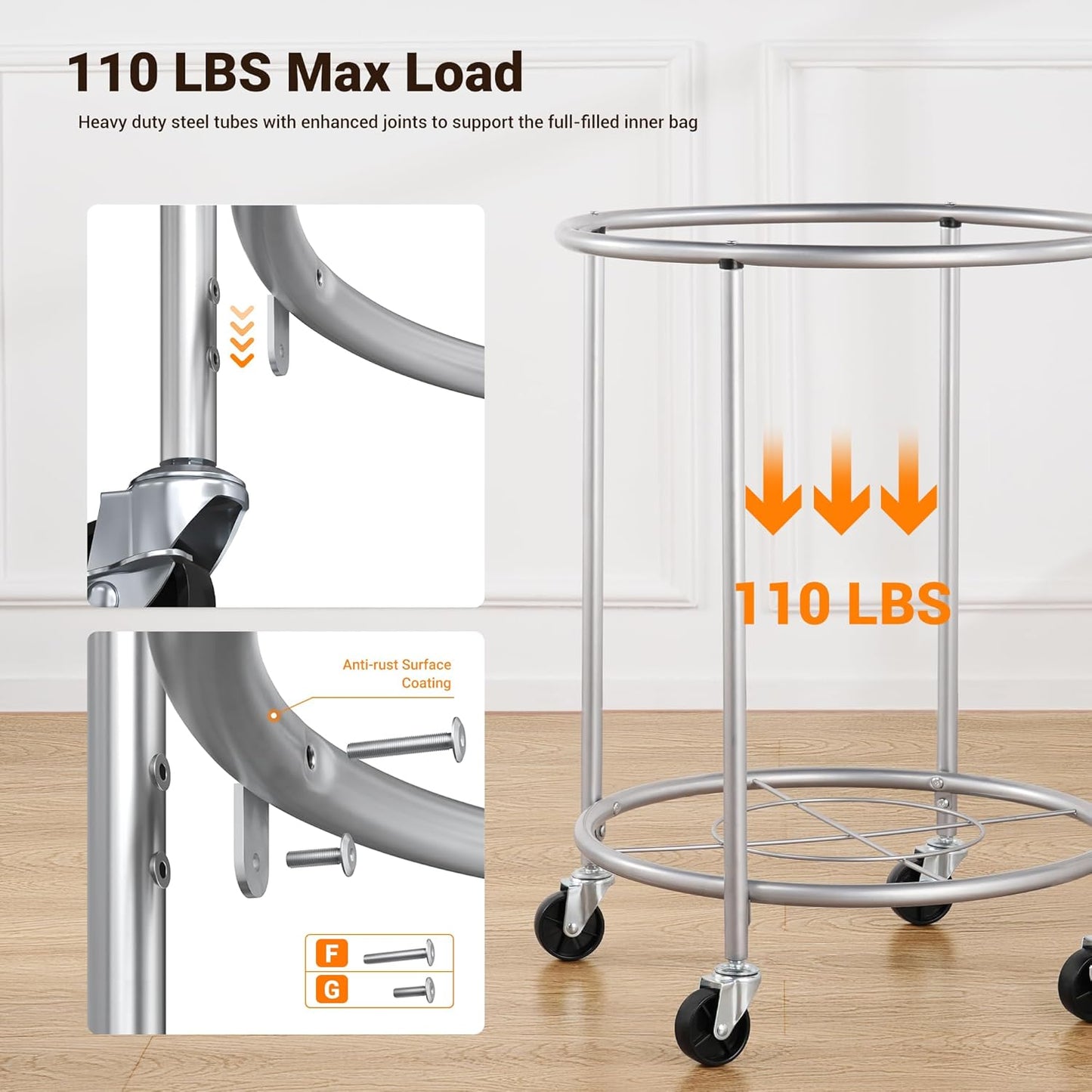 ELYKEN Laundry Hamper on Wheels, 23.6" Diameter 170L Large Capacity Laundry Basket with Removable Liner Bag, Easy Rolling Clothes Cart with 4 Casters and 2 Brakes, Sturdy Metal Frame, Black