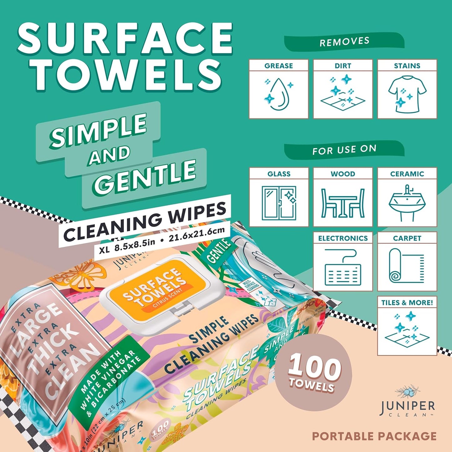 Single Surface Cleaning Wipes Bleach Free, Thick & Large Dispose, All-Purpose Cleaner for Bathroom, Kitchen, Office, 100 Count Soft Flow, Biodegradable, Citrus Scent