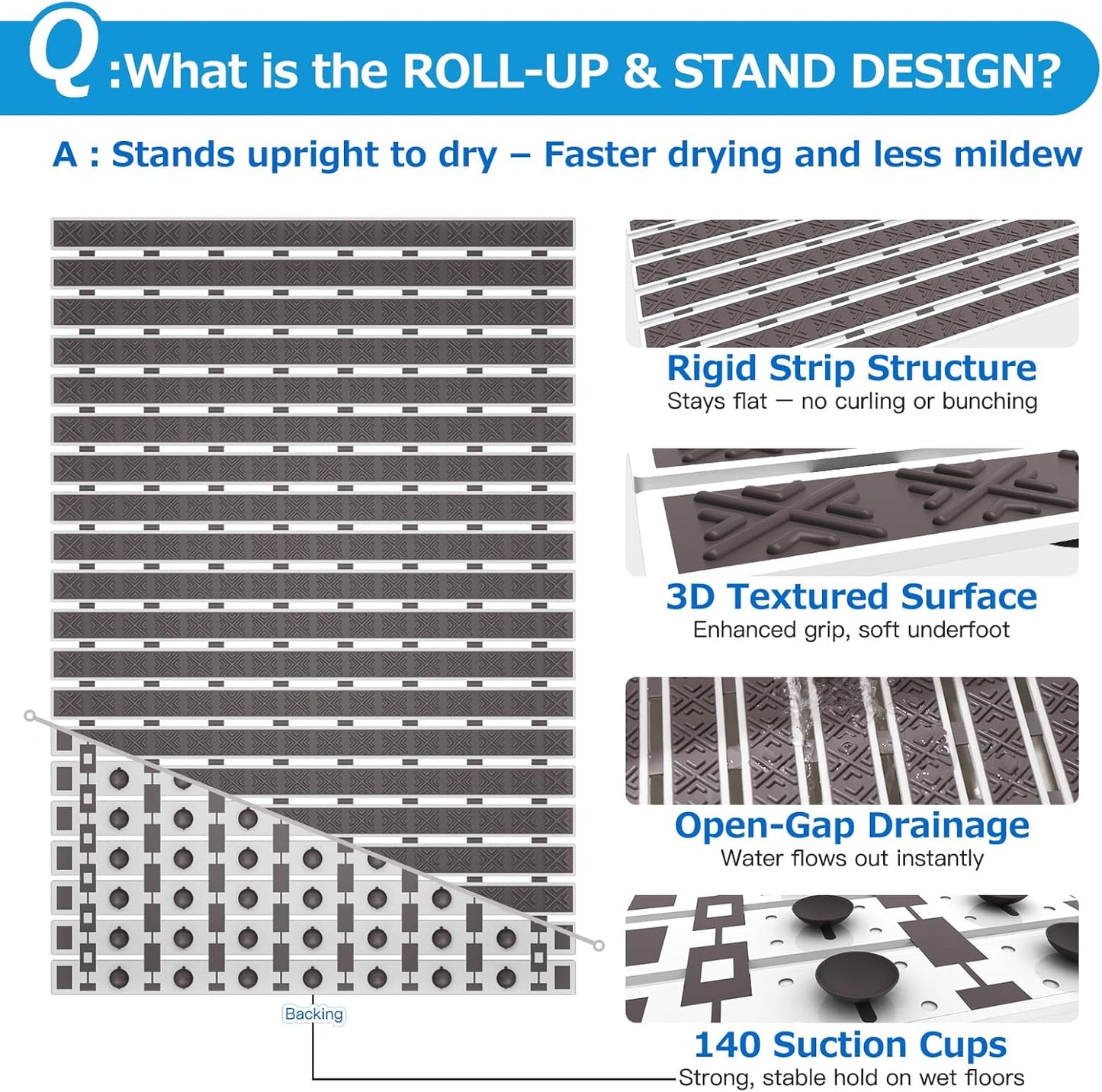 Matace Non Slip Rubber Bathtub & Shower Mat with Suction Cups, Thick Textured Surface, Fast Drain and Upright Drying Design, No Pooling Water for Better Hygiene, 27 x 16 Inch, Dark Gray