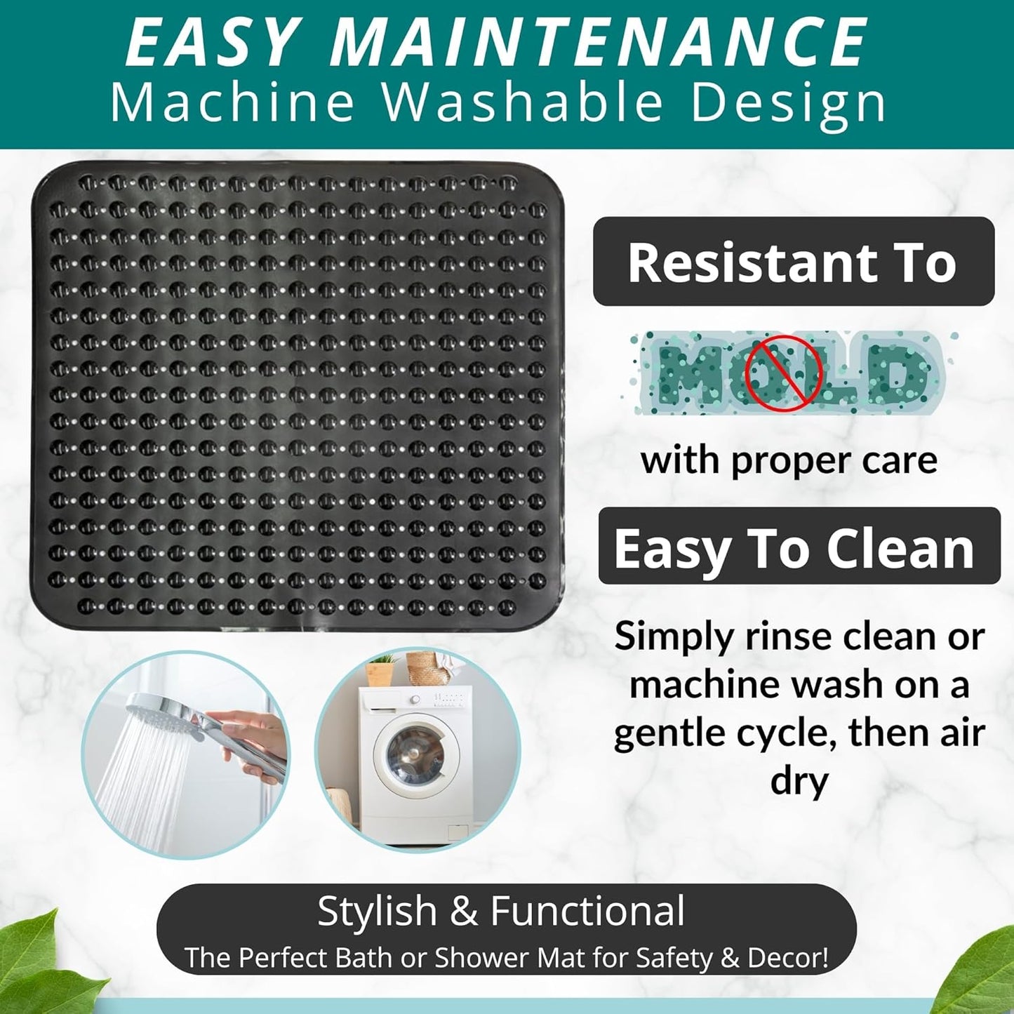 ENKOSI Extra Large Square Non Slip Shower Mat - 31 x 31-inch XL Bathroom Shower Mat - Square Shower Matts for Shower Stall Floors | Secure Suction Cups and Drain Holes (31x31 Black)