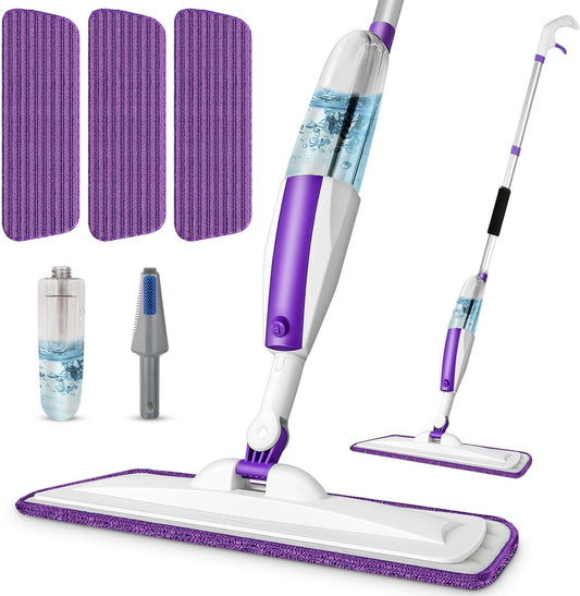Spray Mops for Floor Cleaning Floor Mop with a Refillable Spray Bottle and 3 Washable Microfiber Pads Home or Commercial Use Dry Wet Flat Mop for Hardwood Laminate Wood (Purple)