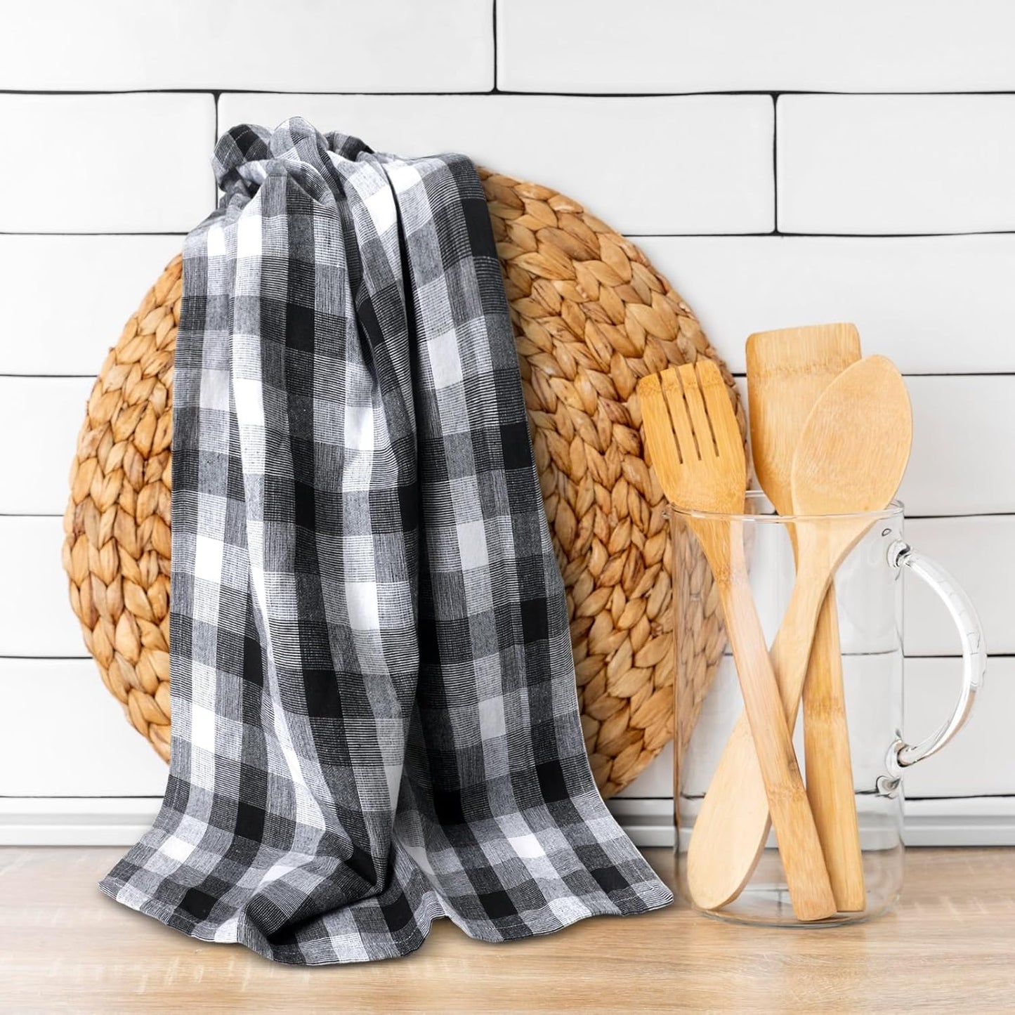Kitchen Towels Set of 6 Black/White Checks 20x30 Inches 100% Cotton Highly Absorbent Kitchen Towels Premium Quality Ultra Soft Mitered Corners