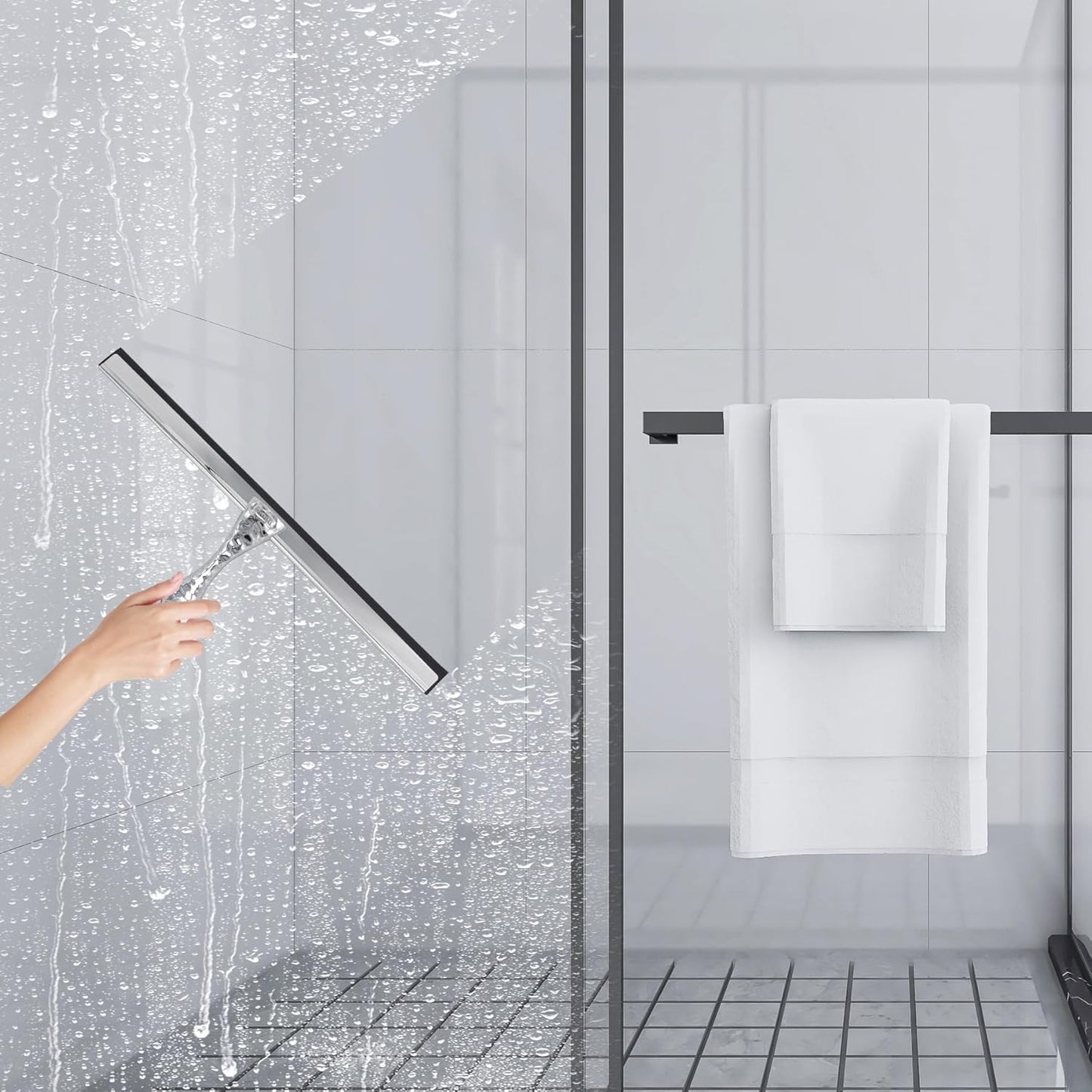 All-Purpose Silicone Shower Squeegee for Shower Glass Door,with 1 Hooks,for Bathroom Glass, Car, Tile Wall, Mirror Cleaning - Flower Shaped Handle for Easy-Grip 14 Inch Silver