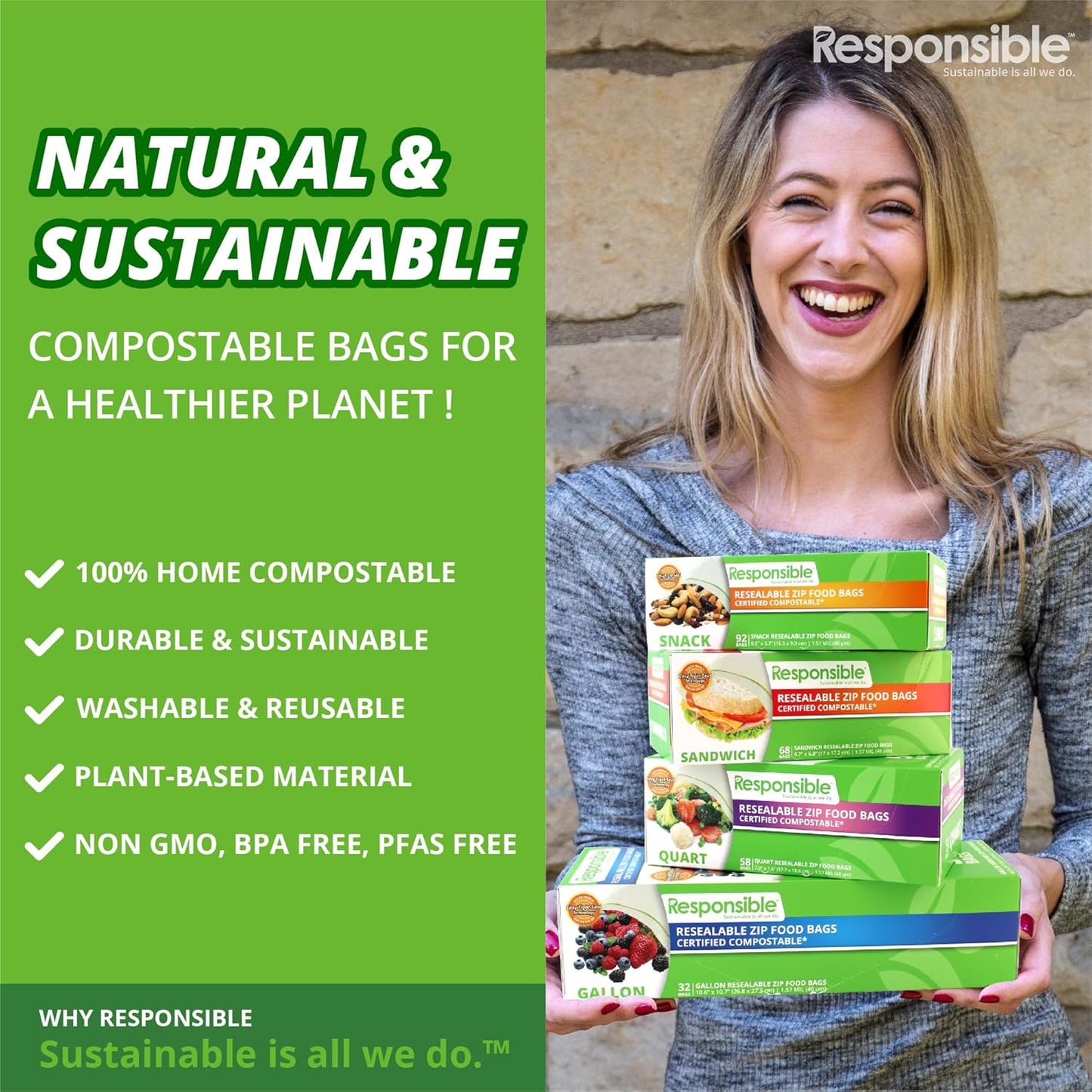 Responsible Products Certified Compostable SNACK Resealable Zip Bag, Extra Strength Food Bags, Plant-Based Freezer-Safe (92 Pack)