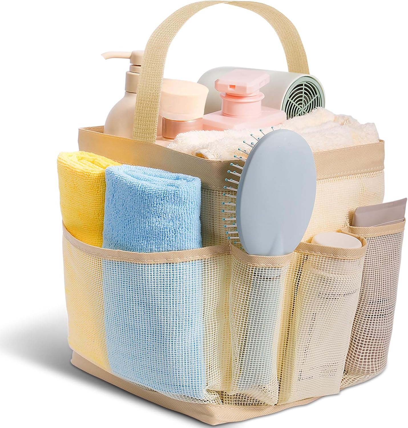 Mesh Shower Caddy for College Dorm Room Essentials for Girls with 9 Pockets,Large-Capacity Shower Basket,Quick Dry Toiletry Tote Bag for Women,Outdoor Gym,Travel,Swim,Beach Camping Essentials-Beige