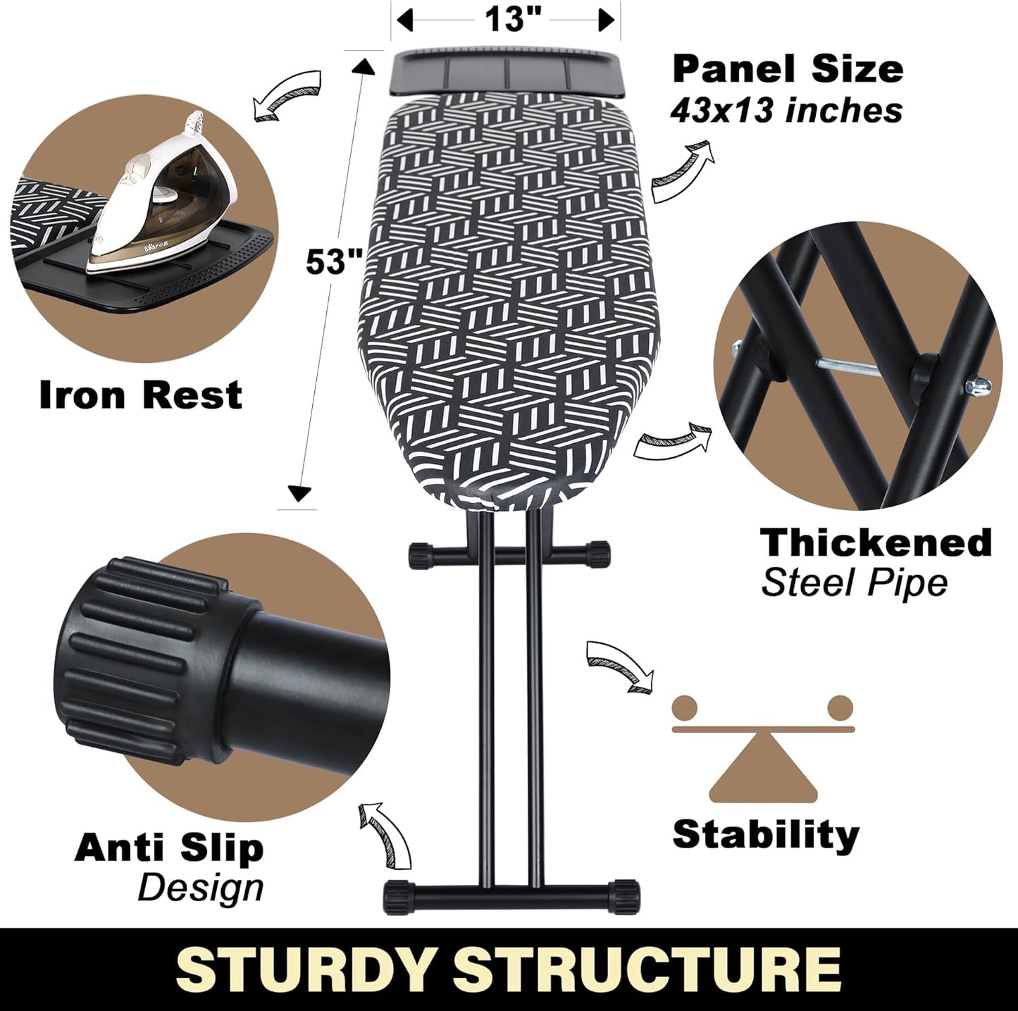 caius Ironing Board with Steam Iron Rest, 43"x13" Extra Thick Padded Cover, Compact and Space Saver Iron Board Full Size, Easy to Fold, Adjustable Height, Sturdy Metal Frame