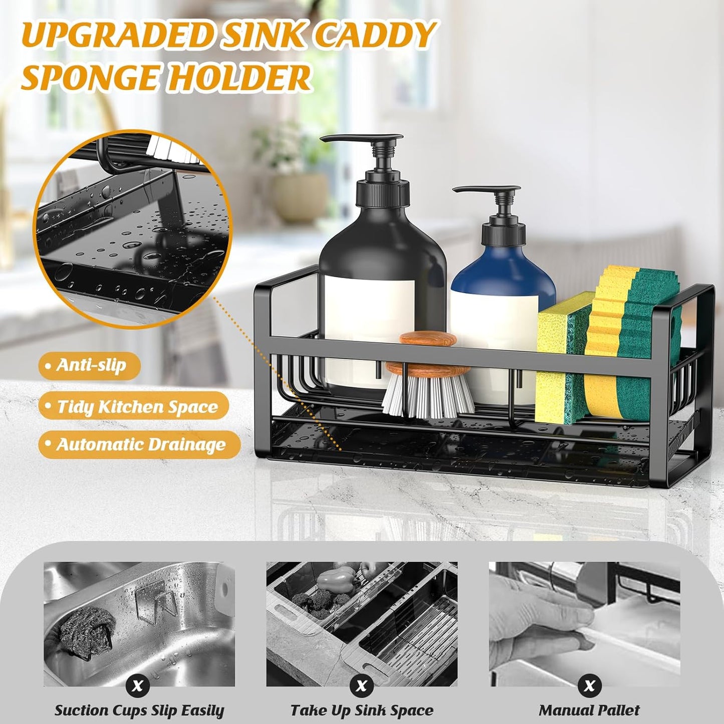 Sponge Holder for Kitchen Sink,Stainless Steel Kitchen Sink Organizer with Auto Draining Tray,Countertop Sink Caddy for Sponge Holder Soap Brush Dispenser,Black-Large