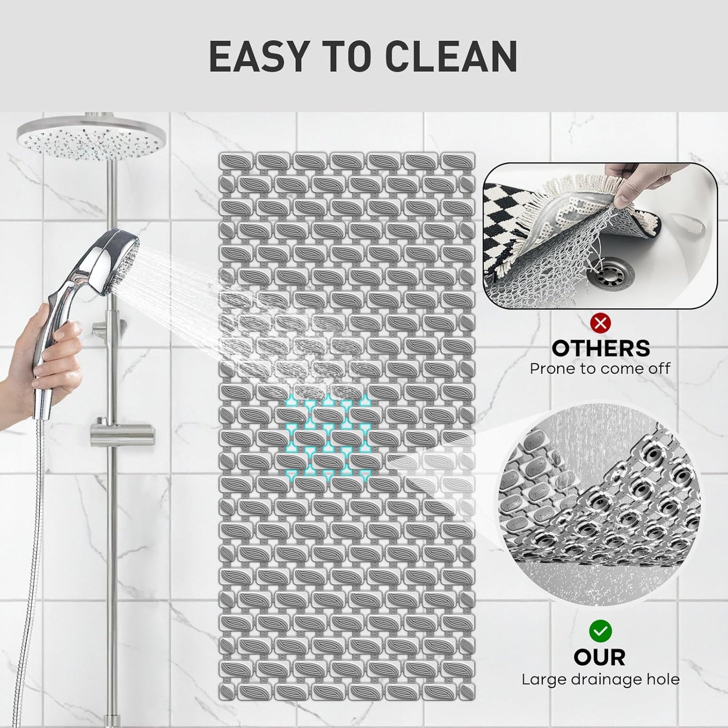 Bath Mat for Tub Non Slip Shower Mat for Elderly - 36 x 16 Inch Soft Durable Bathtub Mat Non Slip Shower Mat for Inside Shower with Suction Cups & Drain Holes, Machine Washable Easy to Cut, Dark Grey