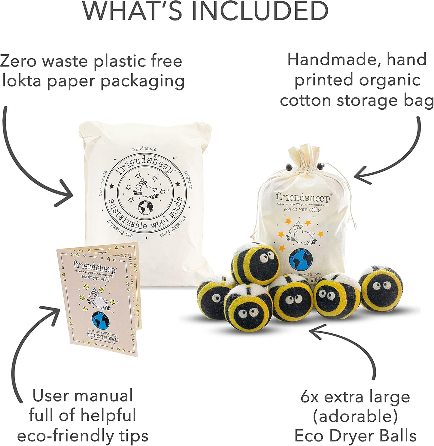Friendsheep Wool Dryer Balls 6 Pack XL Organic Premium Reusable Cruelty Free Handmade Fair Trade No Lint Fabric Softener Honey Bee Bumblebee - Busy Bees