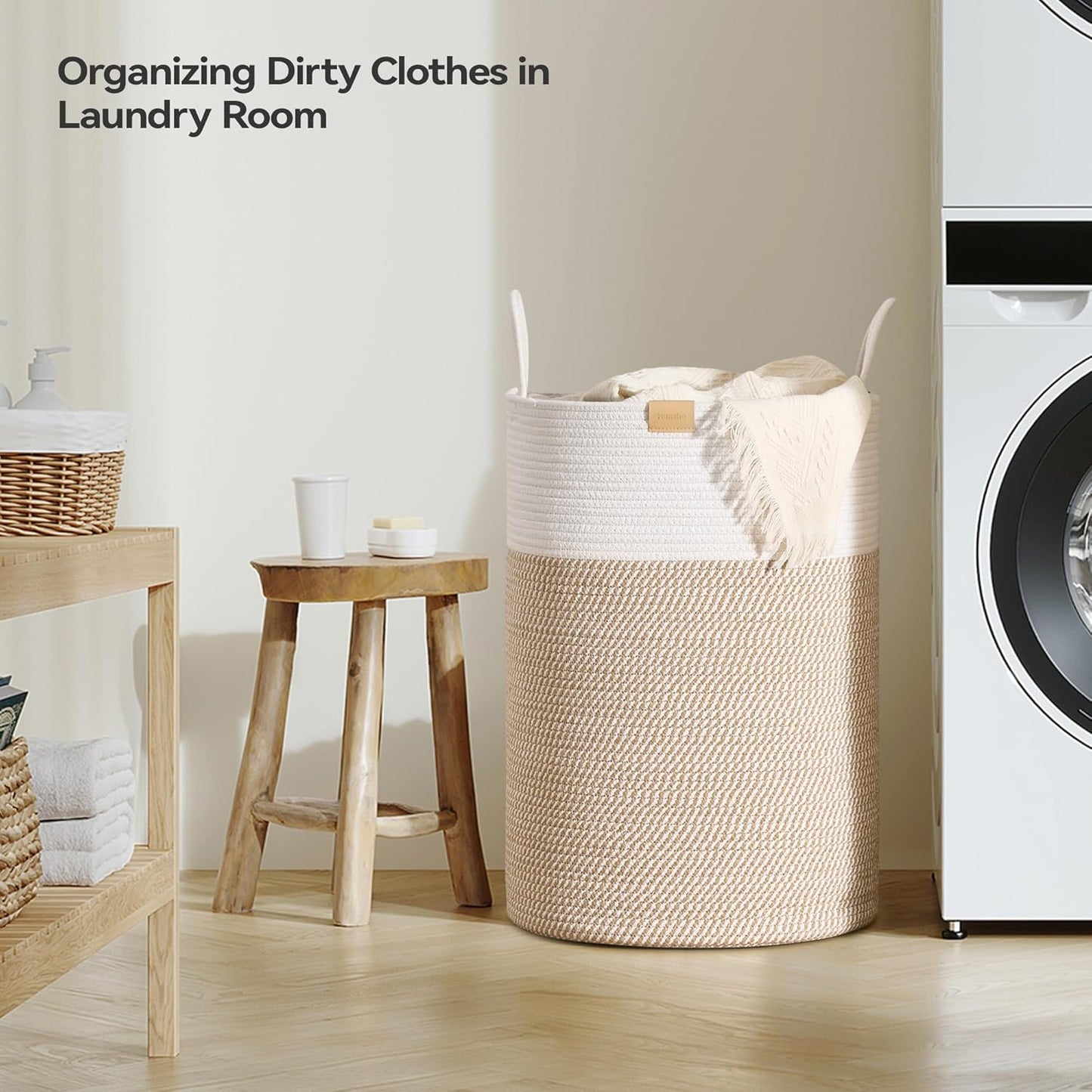 Laundry Hamper 95L,Large Laundry Basket for Clothes,Decorative Storage Basket for Blankets,Cotton Rope Woven basket for bedroom,Brown White