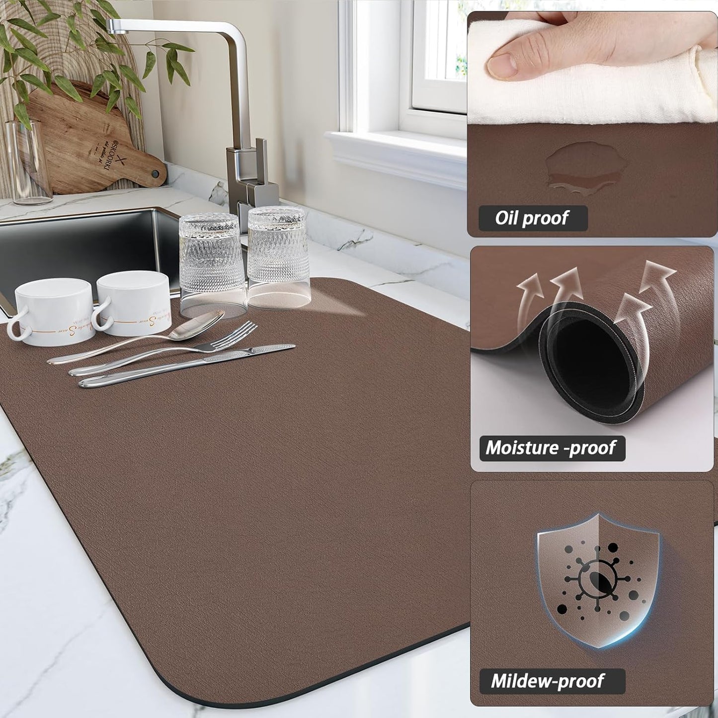 Dish Drying Mat for Kitchen Counter, Heat Resistant Drainer Mats with Non-slip Rubber Backed, Hide Stain Kitchen Super Absorbent Draining Mat, Easy to Clean Dish Rack Pad, Brown 18"x28"