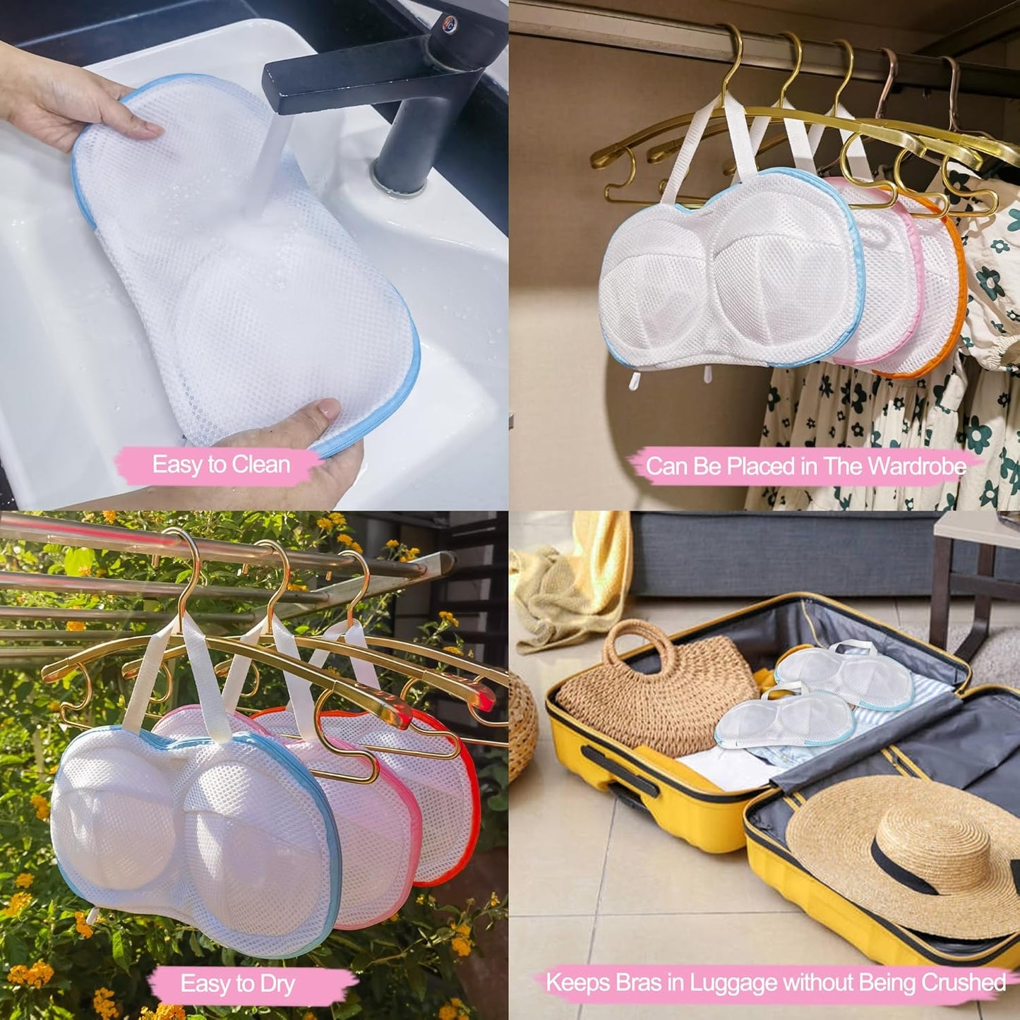 8 Pcs Bra Wash Bags for Laundry - Lingerie Mesh Bag Set Underwear Brassiere for Washing Machine With Zipper for Women Delicates Pink (32A-36C Cup)