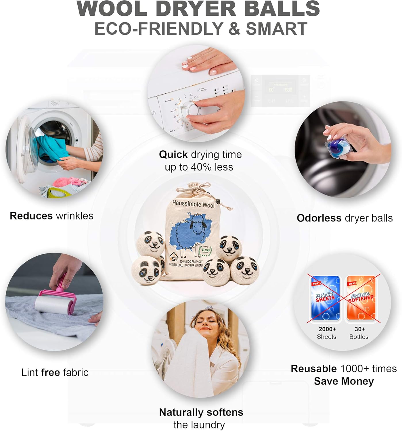 Wool Dryer Balls Organic Felt 6 Pack Laundry Fabric Softener, Extra Large Reusable Handmade Natural Sheep Wool Lint Wrinkle Free Anti Static Baby Safe (Panda)