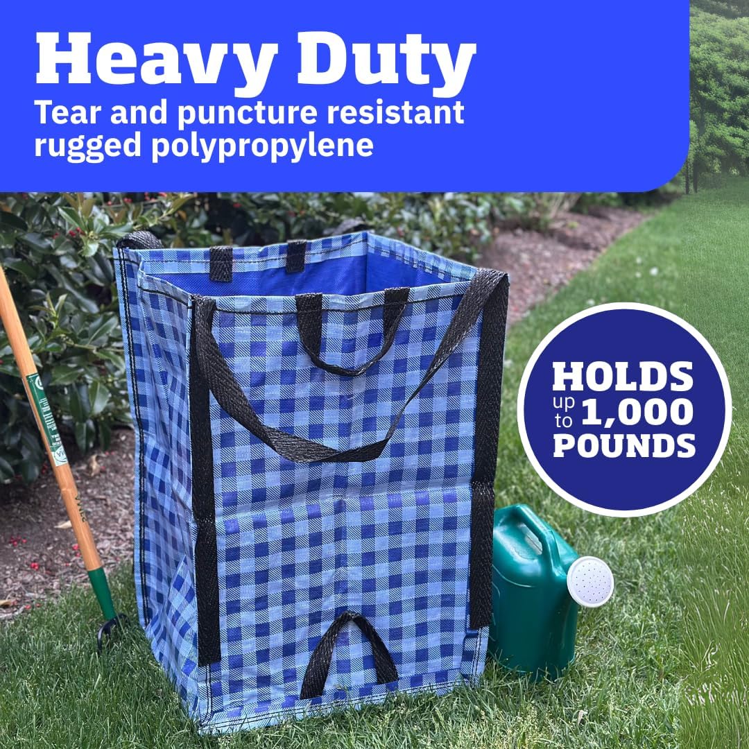 DURASACK Heavy Duty Home and Yard Bags 48-Gallon Reusable Self-Standing Lawn and Leaf Bags Garbage Can with Reinforced Handles, Gingham Blue, 3 Pack
