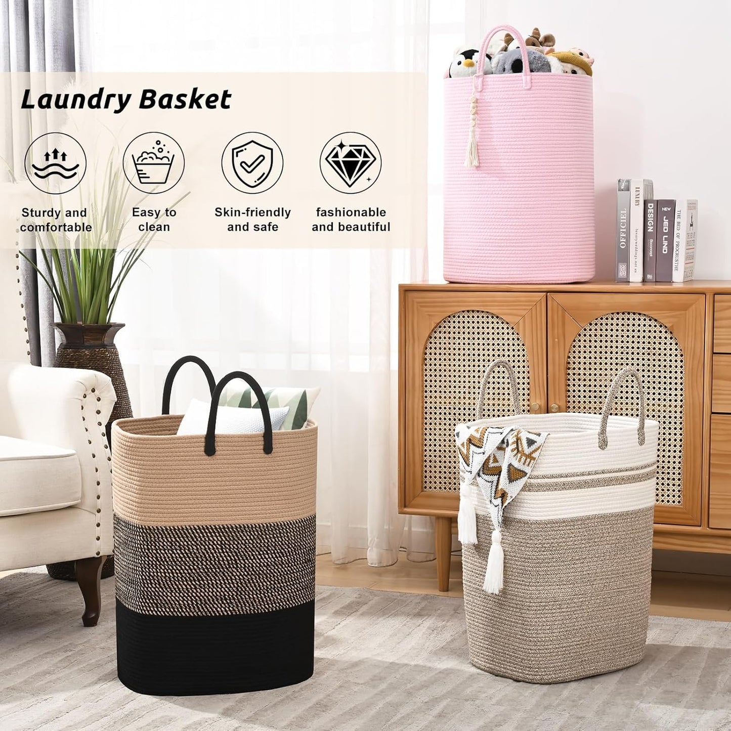 Woven Laundry Basket for Clothes, 50 L Large Rectangle Laundry Hampers with Beads Tassel, Nursery Storage Basket for Toys, Tall Dirty Clothes Hamper for Bedroom Aesthetic, Laundry Room Organization