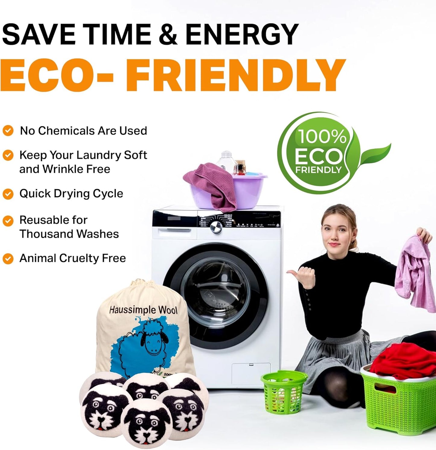 Wool Dryer Balls Organic Felt 6 Pack Laundry Fabric Softener, Extra Large Reusable Handmade Natural Sheep Wool Lint Wrinkle Free Anti Static Baby Safe (Black White Dog)